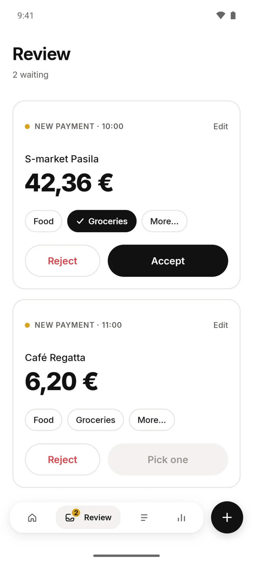 Payment review screen with merchant, amount, category choices and accept or reject actions.